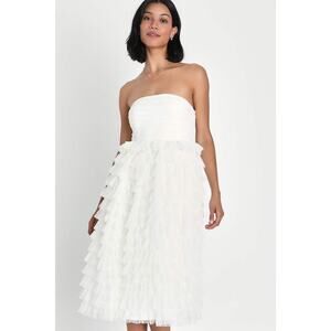 NWT Lulus Prepare To Party Mesh Swiss Dot Ruched Tiered Midi Dress White Size M